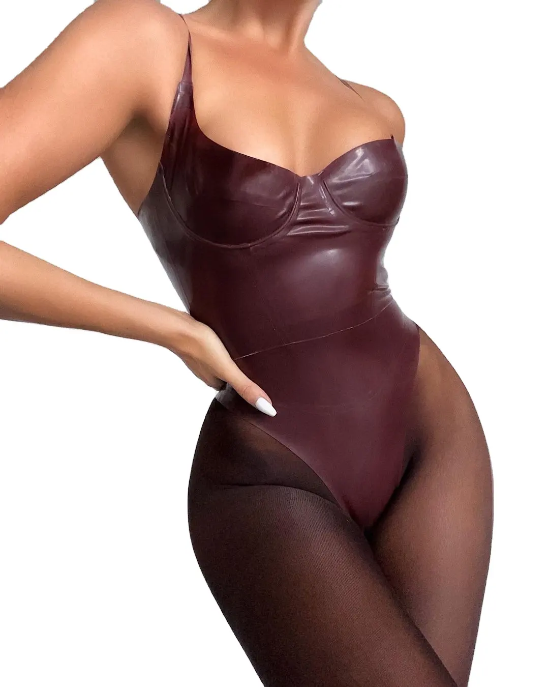 Popular Design Sexy Brown Pu Leather Bodysuits Burgundy Sleeveless Bodysuits For Women