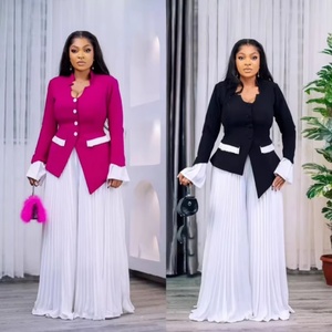 Elegant Flared Sleeve Top Pleated Wide Leg Pants <b>Set</b> for Ladies Simple Office Wear Long Casual for Fat Women African Outfits - Product Image 2