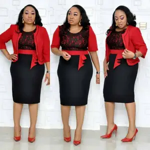 Wholesale women lady plus size dresses africa lace patchwork pencil o-neck fashion clothes 2 piece set for women dress suits