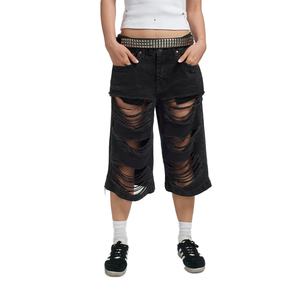 Novedad: Pantalones Cortos Vaqueros Vintage para Hombre, Estilo Urbano, Personalizados, Holgados, Negros, Rotos, Desgastados y Destruyidos - Product Image 1