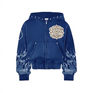 Sweat à capuche personnalisé en coton avec fermeture éclair et poche avant, coupe droite, épaules tombantes oversize, coupe ample, broderie vieillie, délavage acide, strass - Product Image 1