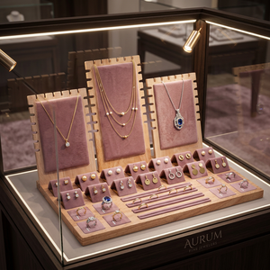 Présentoir de Comptoir Moderne en Bois et Cuir/Daim Noir, Vert, Blanc pour Bijoux et Ornements : Boucles d'Oreilles, Colliers, Bagues - Product Image 2