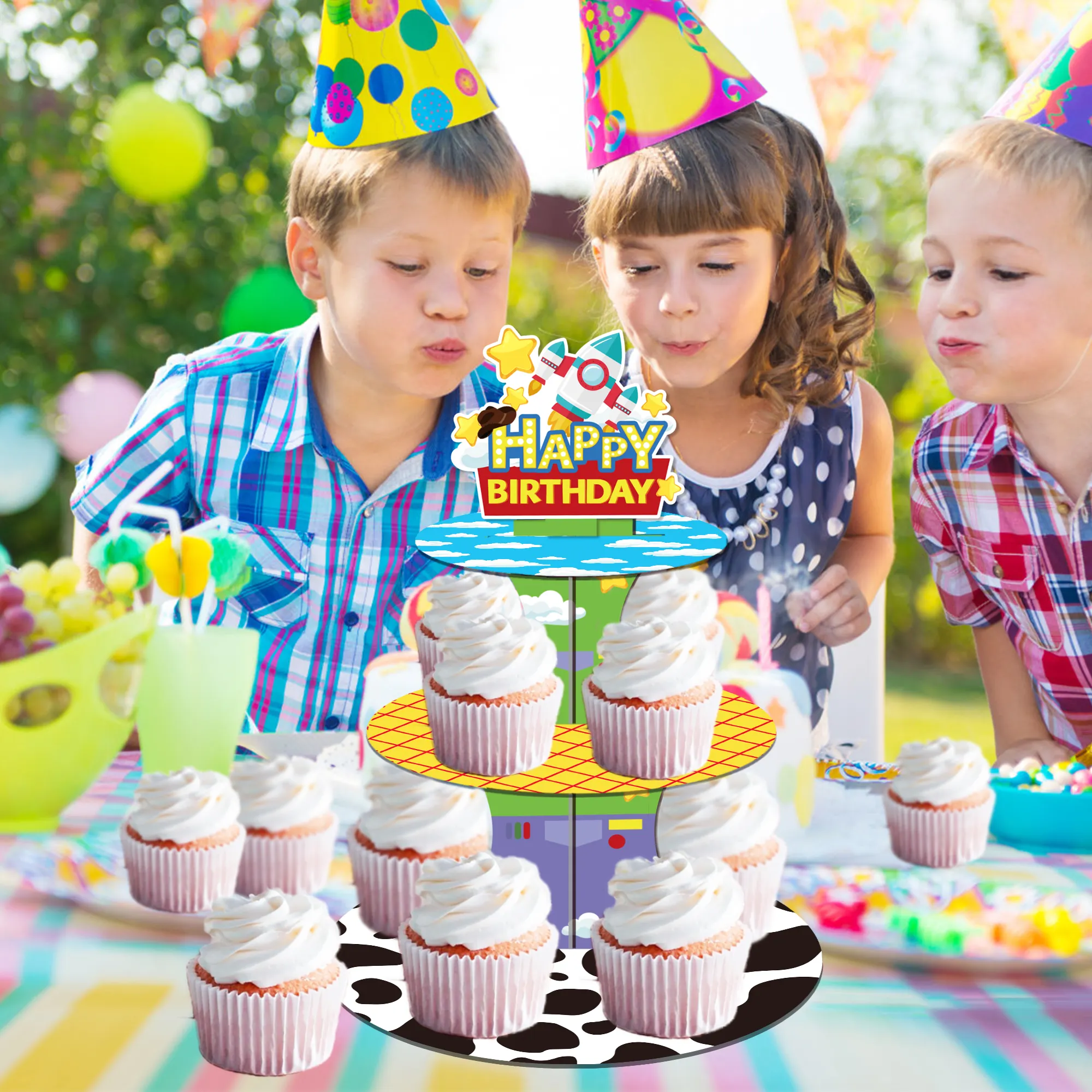 DT092 oyuncak Inspired hikaye parti fincan kek standı parti süslemeleri 3 katmanlı kek standı tutucu çocuklar için oyuncak oyun hikayesi parti malzemeleri