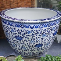 Grand bassin à poissons en porcelaine bleue chinoise à motif de lotus entrelacé, décoration artistique, vase en céramique pour jardin, décoration antique, décoration intérieure