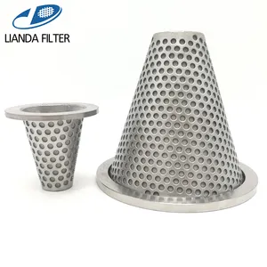 Stainless steel wire mesh conical basket filter with perforated metal frame