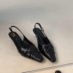 Sandales à talons pointus pour femmes en cuir véritable, talon fin et bas, bride arrière, chaussures élégantes pour le bureau et le travail - Product Image 3