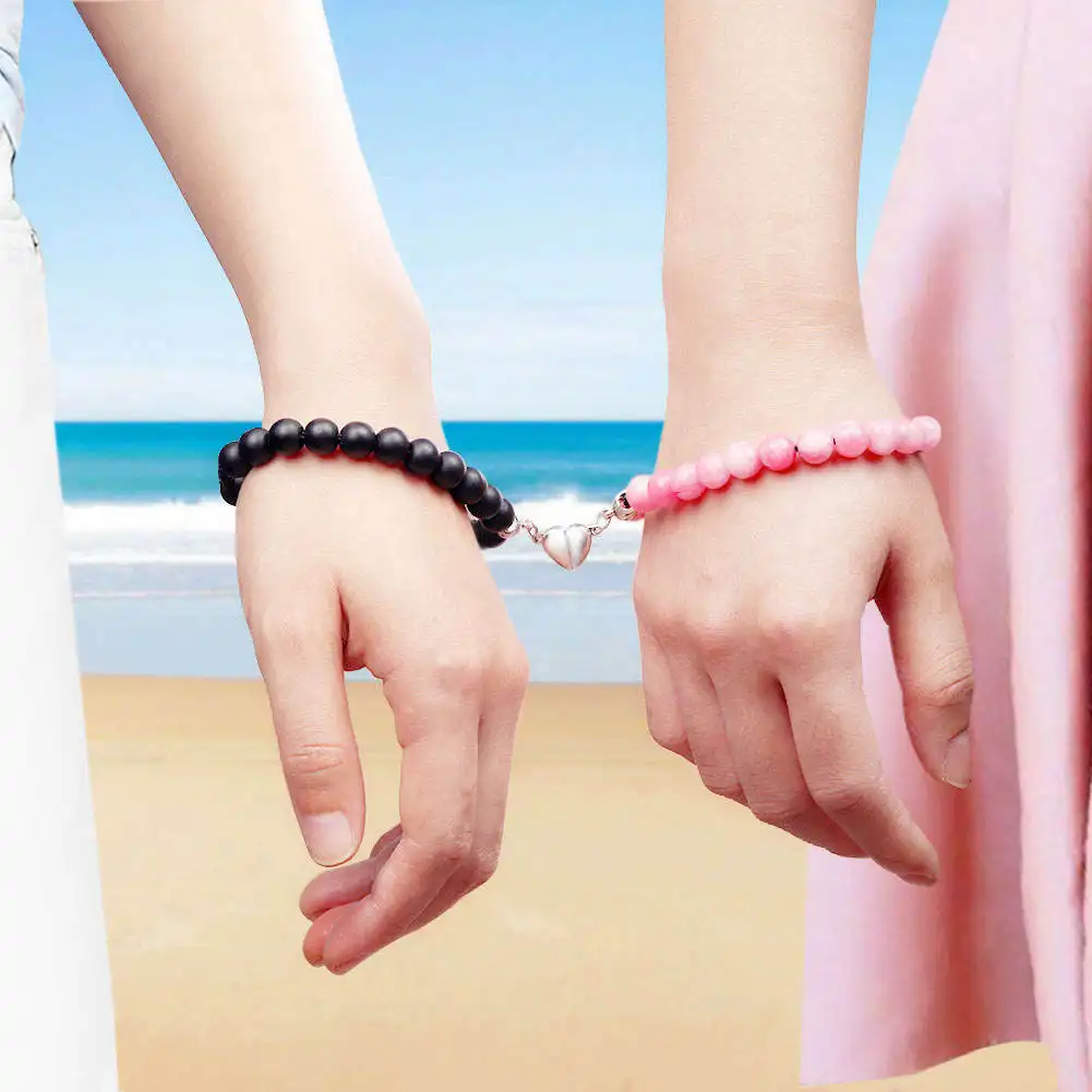 2 Stück/Set Naturstein Herren elastische Perlen Herz Magnetschnalle Paar Armbänder für beste Freunde Liebende