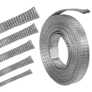 Tinned Copper Braid Cable Wire Shielding Sleeve Ground Straps Protection Flat Metal Mesh Flexible Expandable