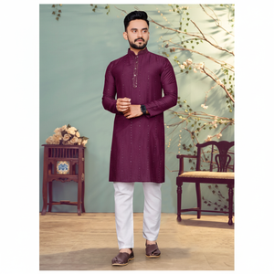 <b>100</b>% Cotton <b>Fabric</b> Pure <b>Viscose</b> by Nylon with Sequence and Thread Weaving Lining Men's Kurta Pajama Collection by Royal Export - Product Image 1