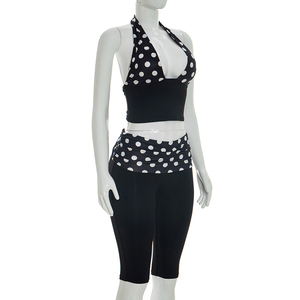 วิวิบลุค J26ST130 ชุดฤดูร้อนสำหรับผู้หญิง เสื้อกล้ามเปิดหลังลายจุด จับจีบเอวสูง กางเกงครอป ชุดสองชิ้น - Product Image 4
