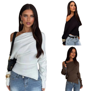 T-shirt asymétrique à col oblique, épaules dénudées, manches longues, fente plissée, coupe ample, décontracté, basique, multicolore, pour femme - Product Image 1