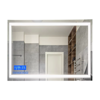Miroir de salle de bain intelligent carré moderne pour hôtel, personnalisé, LED trois couleurs, gradation, anti-buée, 6 touches, haut-parleur, écran tactile
