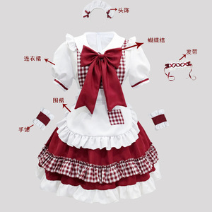 Disfraz de sirvienta, vestido a cuadros rojo y negro con delantal y accesorios para juegos de rol de anime, primavera 2022 - Product Image 1