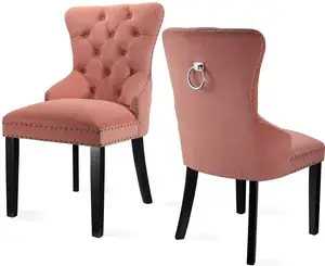 卸売elegante madera sillas de comedor de terciopelo高級ピンクレストランダイニングチェアwthウッドレッグ、クロームネイルヘッドトリム