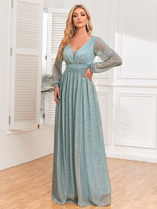 <span class=keywords><strong>Robe</strong></span> de soirée élégante pour femme, à manches longues, col en V, fluide, doublée, plissée, extensible, transparente, pour les occasions formelles - Product Image 4