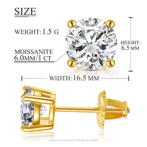 Orecchini Solitario in Argento Sterling <span class=keywords><strong>925</strong></span> con Moissanite VVS Taglio Rotondo Placcato <span class=keywords><strong>Oro</strong></span>, Certificati da Tester per Diamanti, da 0.1 a 5 <span class=keywords><strong>Carati</strong></span> - Product Image 3