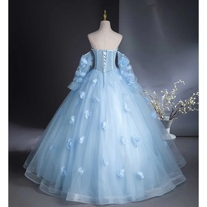 Light Blue Ball Gown Wedding Dress Strapless Empire Waist Tulle Floral Print Chic Bridal Gown - Product Image 4