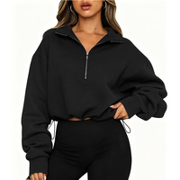 Sweat-shirt oversize à demi-zip pour femme, style Y2K, automne-hiver, mélange polyester-viscose, coupe courte avec cordon de serrage réglable à l'ourlet