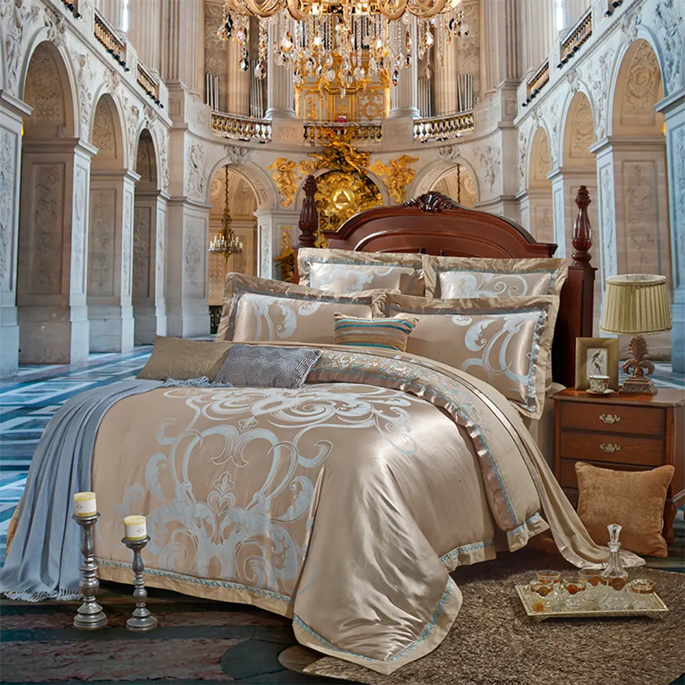 Squisito Set di biancheria da letto copripiumino in cotone di lusso stampato Color oro azzurro