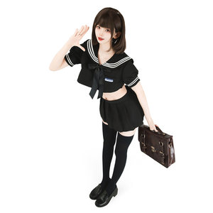 Ensemble 3 pièces sexy pour <span class=keywords><strong>femme</strong></span> : haut court, jupe plissée et nœud – Tenue de marin d'Halloween en polyester respirant et écologique - Product Image 2
