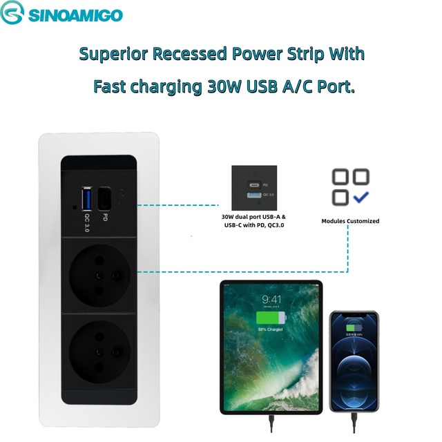 SINOAMIGO Recessed Power Strip with 30W USB C Port Conference Outlet Socket Fast Charging USB-C QC3.0 3A USB-A Desk Outlet