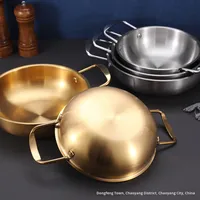 Yolecen 18-26cm Pot à ramen en acier inoxydable à double oreille à usage commercial soupe instantanée à fond plat en or de style coréen pour les fêtes