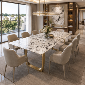 Table à manger personnalisée en quartzite Bianco Fiorla, plateau rectangulaire, style moderne, pour villa, 6 à 8 places, pieds en métal, mobilier en pierre - Product Image 6