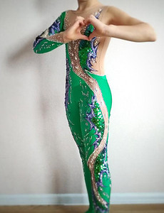 LIUHUO Green &amp; Blue Rhinestone <strong>Acrobatic</strong> Dance Unitard One-Shoulder Sequin Pattern Girls' Competition Performance <strong>Costume</strong> - Product Image 3