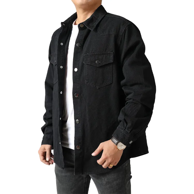 Men's Flap Pocket Denim Jacket Shirt Fabric Black Jean Denim Black Fast Clip Button Work Shirt