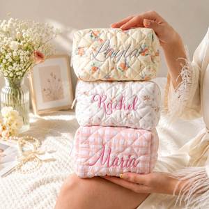 Personalized Floral <b>Quilted</b> Fashion <b>Makeup</b> <b>Bag</b> Embroidered Name Cosmetic Pouch Polyester Toiletry Case Zipper Travel Bridesmaid - Product Image 1