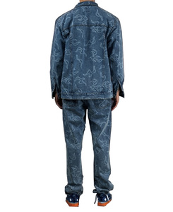 Accept Low MOQ <strong>Customised</strong> 100% Cotton Laser Engrave Print Casual <strong>Denim</strong> Jumpsuit Blue Jeans and <strong>Jacket</strong> for Men - Product Image 2