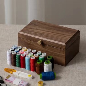 Chinese Retro Black Walnut Wood <b>Sewing</b> Box <b>Set</b> Square Coffee Brown With Compartments For Needlework Storage - Product Image 3