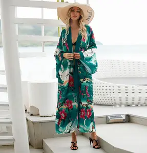Kimono pakaian pantai motif kustom, penutup longgar lembut dan mengalir