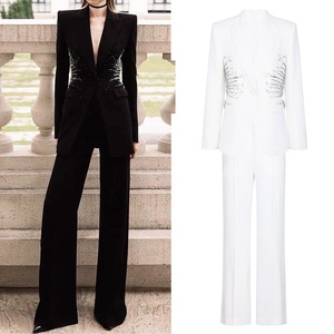 OUDINA Bestseller Neues Elegantes Perlenverziertes Einfarbiges Hochgeschnittenes Weites Hosen-Set Zweiteiliger <span class=keywords><strong>Blazer</strong></span> Damen-Anzug - Product Image 1