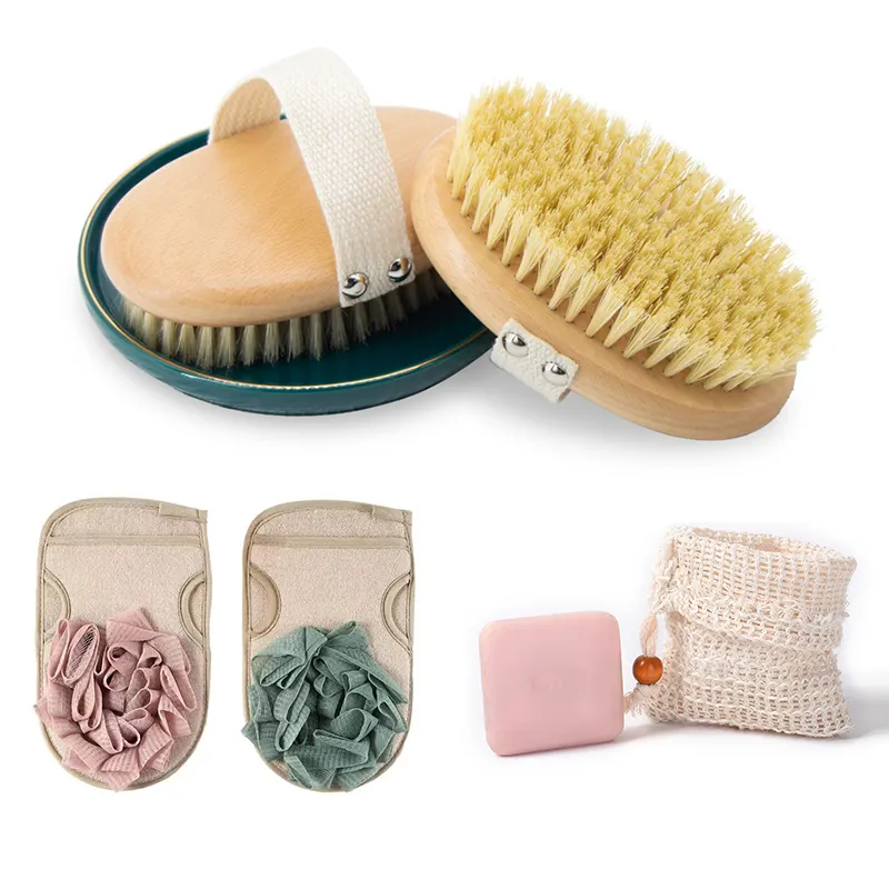 Silicone Long Handle Back Scrubber For Shower/Exfoliating Wooden Massage Bath Brush/Gloves Sisal Soap Bag