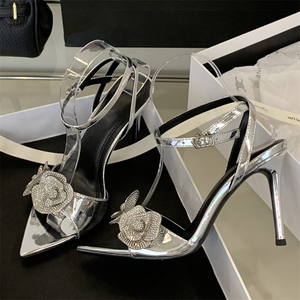 Sandales à talons hauts ouverts pour femmes XSD Factory, design nuptial doré, fleur rose, respirantes, talon fin, populaires, été/automne - Product Image 2