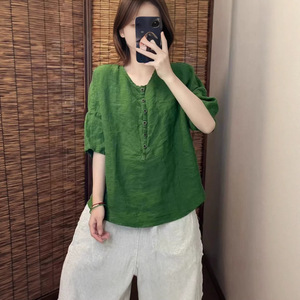 Green Cotton Linen Short Sleeve <b>Blouse</b> Loose Fit Round Neck Women's Shirt Everyday Wear Simple Style Solid Color Top - Product Image 1