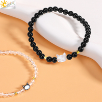 CSJA Tendance Bijoux Bracelet Couples Mignon Chat Charme Pierre Naturelle Cristal De Roche Obsidienne Bracelets Assortis Pour Couples H363