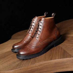 High Top Chelsea Retro Brogue Ankle Boots Rubber Upper Waterproof Slip-On Breathable Round Toe Heightening Feature - Product Image 3