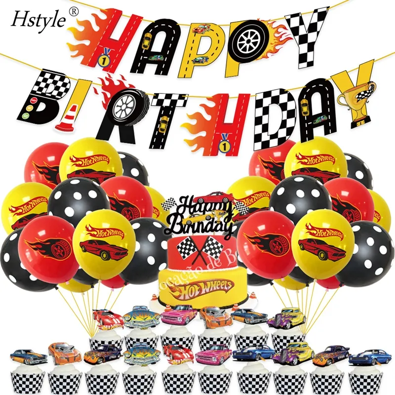 Niños niño cumpleaños suministros pastel Cupcake decoración Hot Wheels cumpleaños tema Fiesta carreras coche Feliz cumpleaños fiesta SET4121