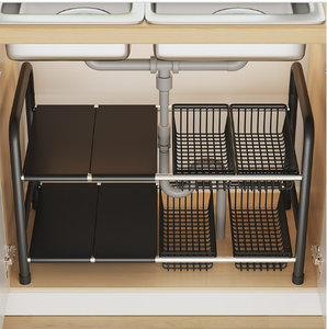 Mensola della <span class=keywords><strong>cucina</strong></span> espandibile risparmio di spazio sotto il lavandino Organizer Desktop Rack di stoccaggio con cestino - Product Image 1