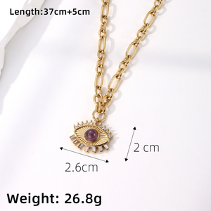 Collana Personalizzata in Acciaio Inossidabile Placcato Oro 18k con Zirconi, Catena Spessa e Occhio Turco Portafortuna con Ametista Naturale - Product Image 2