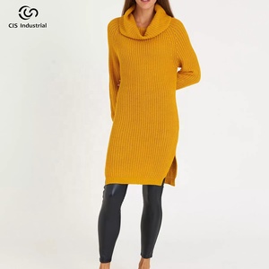 Robes décontractées Robe pull en tricot en laine et cachemire avec logo personnalisé pour femmes Robe pull ample à col roulé et fendue à l'ourlet des filles - Product Image 2
