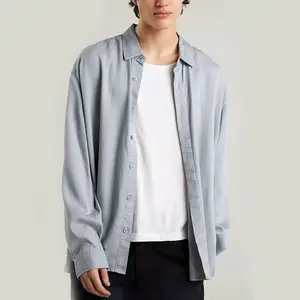 品牌高级灰色100% Lyocell光滑男式连衣裙衬衫Drapey剪影纽扣下标签领男式正式办公衬衫