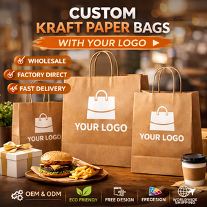 Sacs en papier kraft personnalisés avec logo, sacs cadeaux bruns, sacs de shopping, fabricant d'emballages en gros, fournisseur OEM pour la restauration rapide - Product Image 1