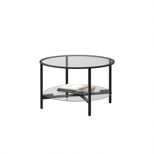 Mesa de Centro de Vidrio Templado con Marco de Hierro Negro, Mueble Moderno para Sala de Estar, Diseño Elegante, Forma Redonda - Product Image 1