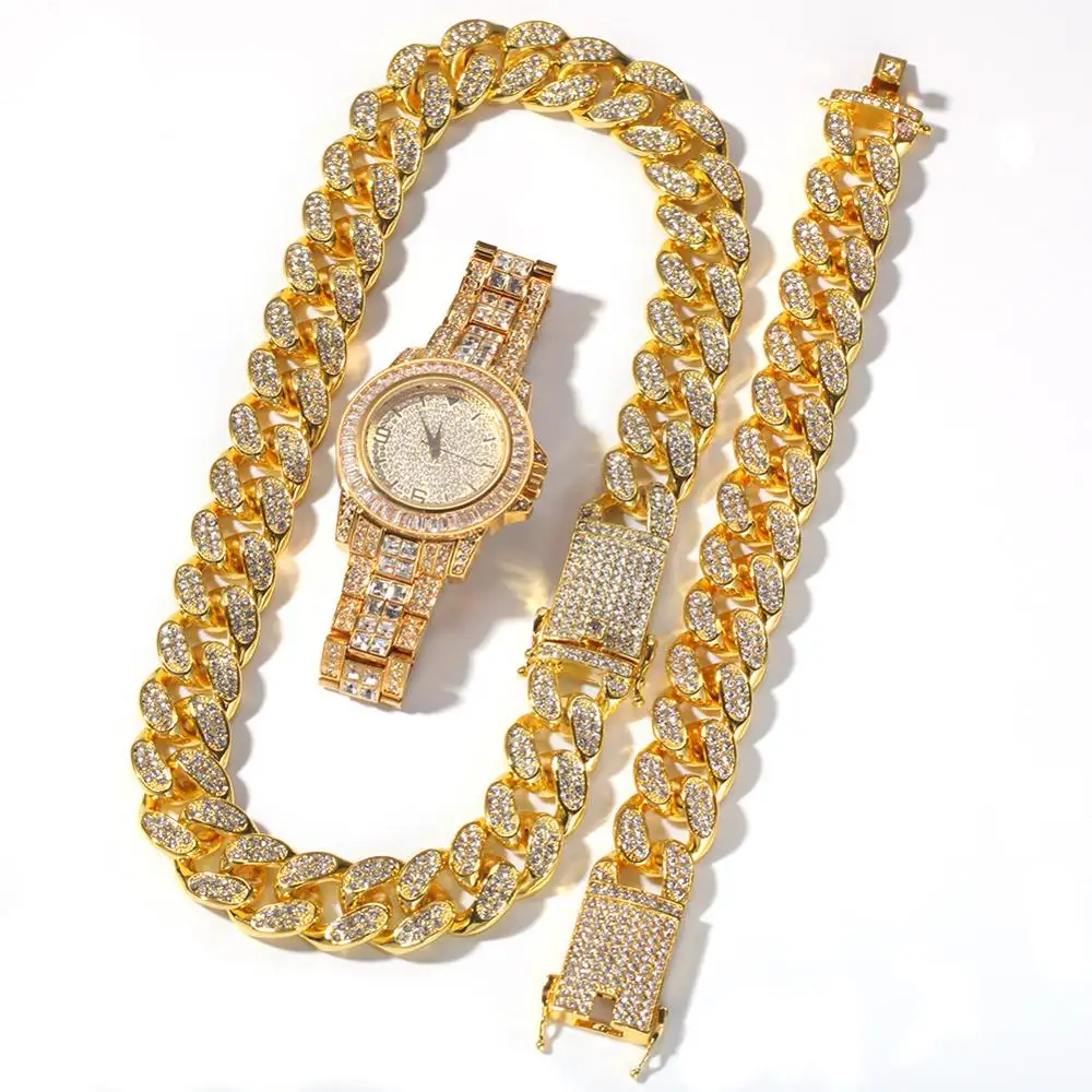 Mannen Horloges Quartz Auto Datum Polshorloge Bing Bling Horloge Legering Band Iced Out Goud Diamanten Horloge Ketting Armband Sets