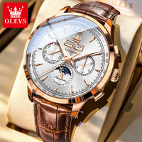 Montre homme OLEVS 7128 de luxe, bracelet en cuir, calendrier perpétuel, étanche, lumineuse, automatique, mécanique