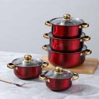 Set Peralatan Masak Anti Lengket Stainless Steel Warna-warni 10 Buah dengan LOGO Kustom, Gagang Berlapis Emas, Panci Stainless, Set Panci Dapur untuk Ekspor