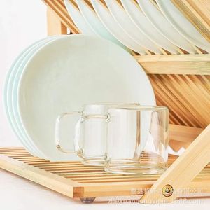 Bamboo Double Layer Dish <b>Rack</b> With Chopstick Holder Quick Dry Kitchen Drainer For <b>Plates</b> Cups Utensils - Product Image 2